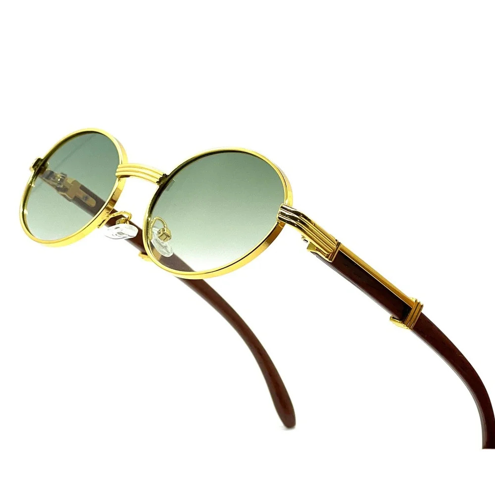 Mens Gold Round Sunglasses‎ Green Gradient Lenses Wood Accents UV400 Protection